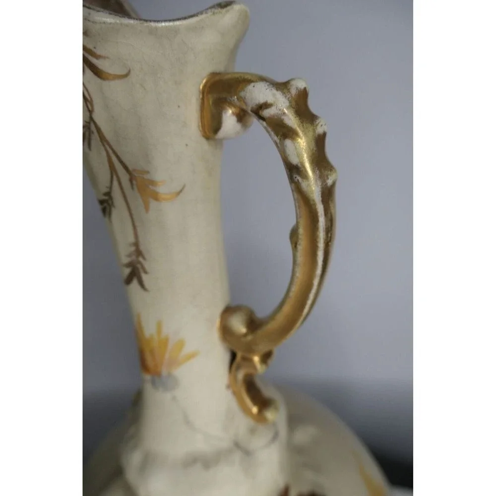 Antq Art Nouveau Ewer Gold Painted Floral Pitcher Ornate Handle Unmarked Cottage